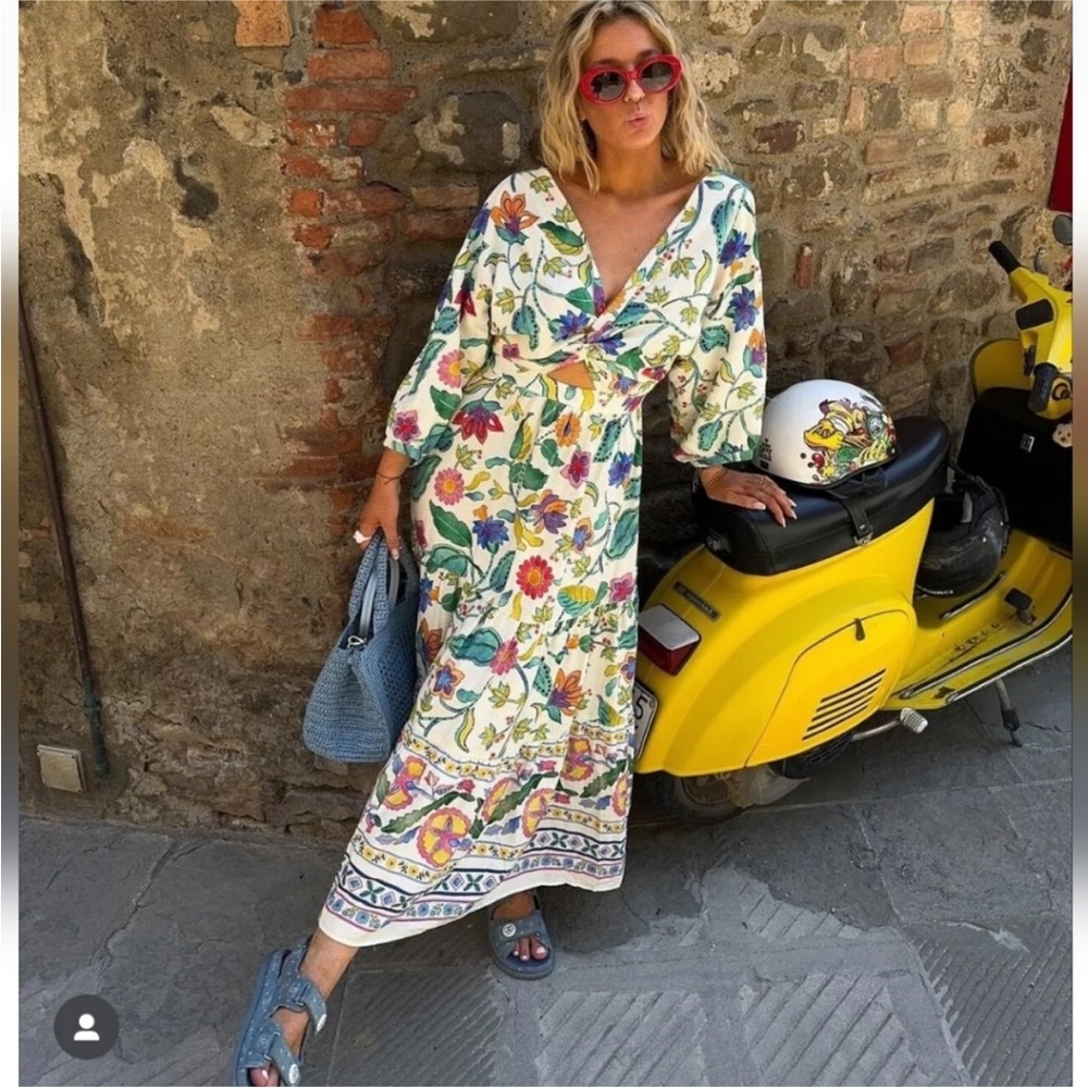 PRINTED LINEN BLEND KNOTTED DRESS - Picture 9 of 16